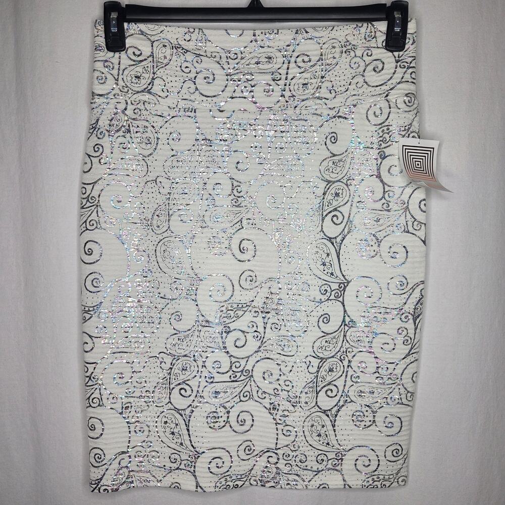 LuLaRoe Elegant Cassie White Paisley Holographic Oil Spill Pencil Skirt NEW XL